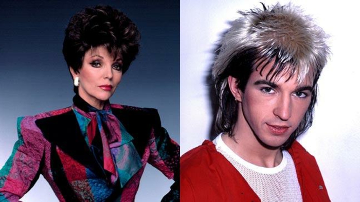 image of woman with short tall curly hair and heavy make up, wearing a padded tailored jacket in pink black red and blue, next to a photo of a young man with silver and black mullet, red jacket and white mesh top