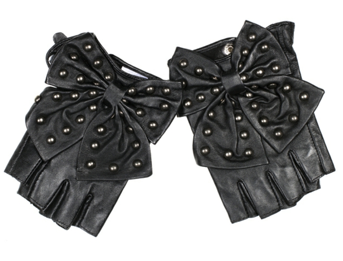 close up of black leather fingerless gloves, with studded pow detail