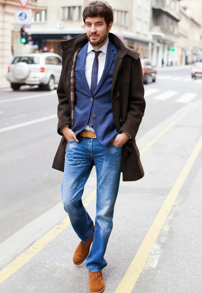 duffle coat in dark brown worn over blue blazer white shirt and navy tie business casual attire distressed jeans brown suede shoes