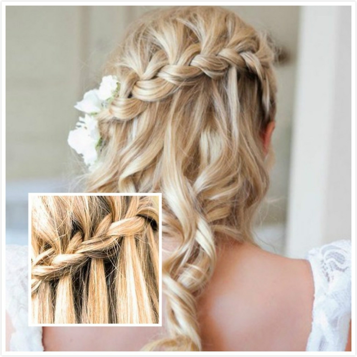 middle age hairstyles, blonde curled hair, with a single side braid, decorated with white flowers, close up shows the braid's pattern
