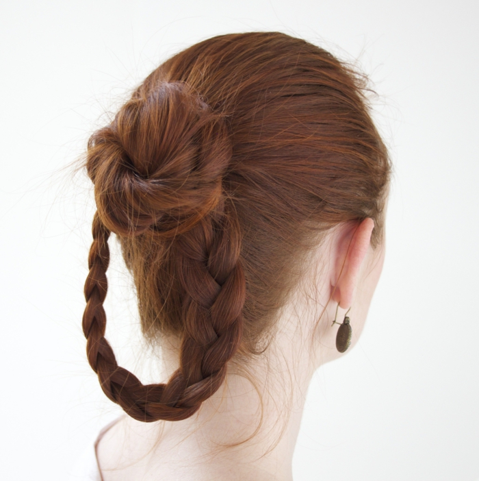 medieval hairstyles, dark red hair, with a hoop-like braid, and a simple hair knot
