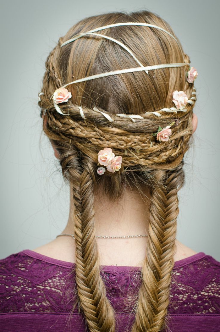 renaissance hairstyles, dark blond hair, woven in two braids, with more differently sized braids and twists, in the upper part of the head, decorated with white ribbon, and small pink flowers