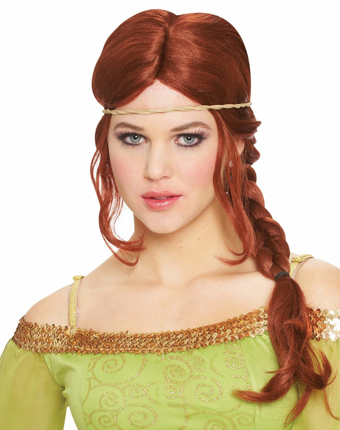 renaissance braids, woman in theatrical make-up, wearing red wig, with one braid over her shoulder, a twisted diadem and pale green dress, with gold sequins
