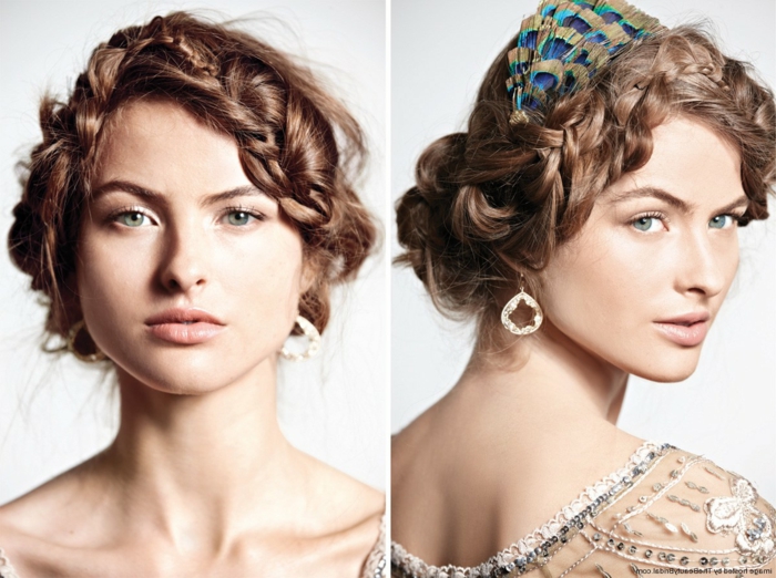 medieval hairstyles, woman with brunette hair, braided and put up, wearing a retro embroidered dress, silver earrings and a peacock-tail hair ornament