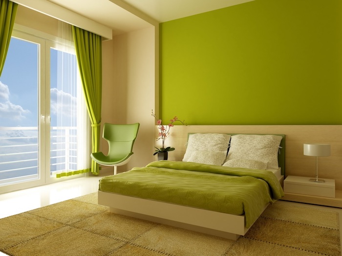 bright green and cream color scheme, inside a room with double bed, acid green wall, and double window with matching curtains, wall decor ideas, modern chair and olive green carpet
