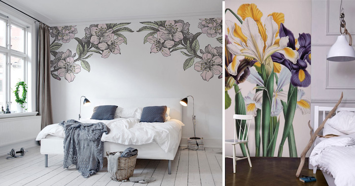 floral murals of cherry blossoms in pale pink and green, and flowers in bright yellow and purple, inside two different rooms, bedroom decorating ideas, white furniture and wooden floors 