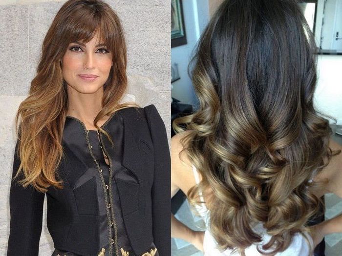 princess curls on dark hair with blonde highlights, silky smooth and long, image next to it shows smiling woman, with honey blonde balayage, on chocolate brown hair