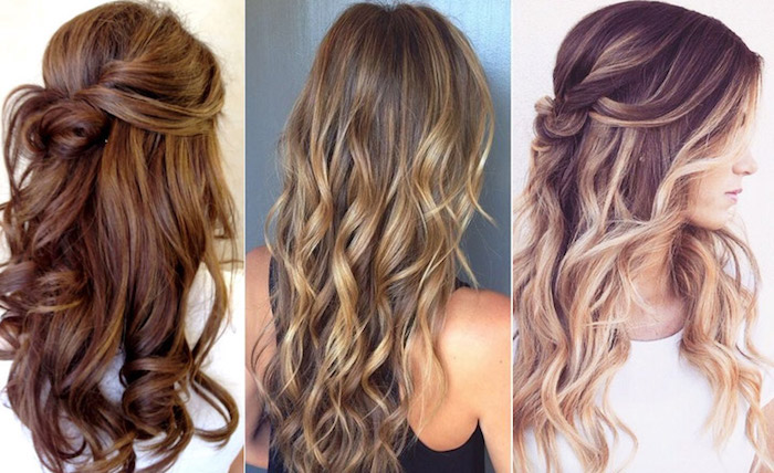 deep chocolate brown hair, with curls and twists, dark blonde long hair with loose curls, and light blonde highlights, brunette hair with light blonde balayage