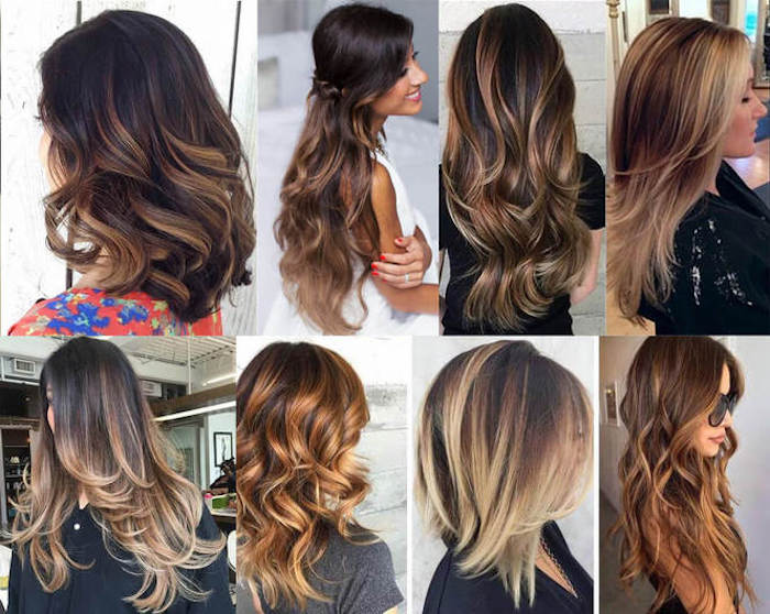variations of caramel highlights, on medium length wavy hair, on long curled hair, on layered hairstyles, dark and light brunette and blonde tones