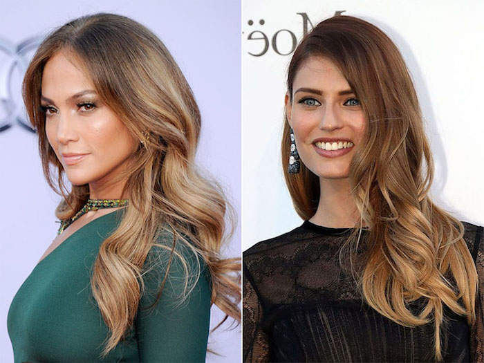 mocha colored hair, with dark blonde balayage and highlights, worn by jennifer lopez and another female celebrity, chocolate brown hair