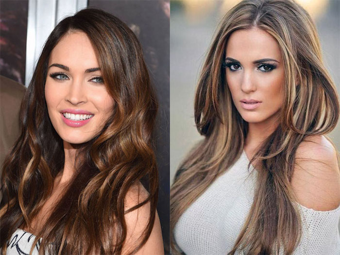 smiling megan fox, with chocolate brown hair, long and wavy, with dark blonde highlights, next image shows young woman, with long layered brunette hair, with blonde streaks