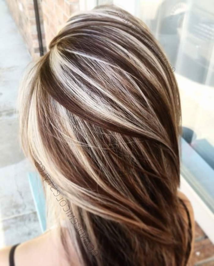 glossy medium length hair, silky and straight, chocolate brown with platinum blonde highlights, seen from above