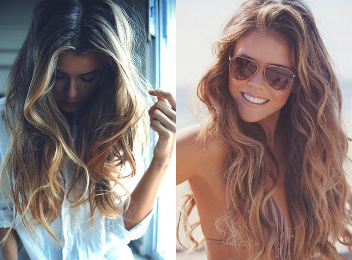 sunglasses on smiling woman, wearing a bikini top, with messy long, medium brown hair, with blonde highlights, styled in beach waves, next image shows girl with similar hair, wearing white shirt