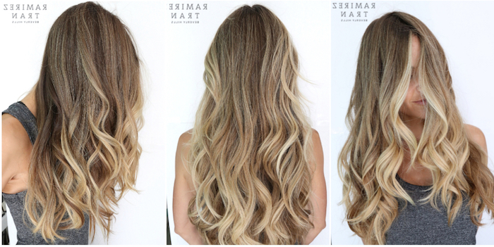 three images of long, curled light brunette hair, with ash blonde streaks, worn by young woman in grey tank top, brown hair with blonde highlights, seen from three angles