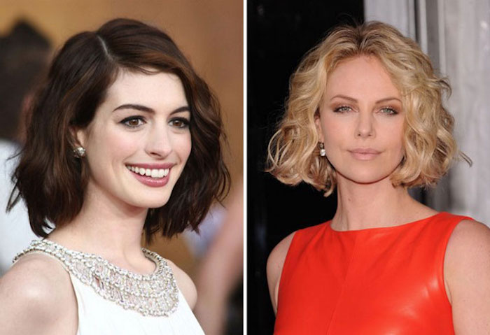 soft brunette wavy bob, with deep side part, on smiling anne hathaway, in embellished white top, easy short hairstyles, charlize theron with a curled bob, and middle parting