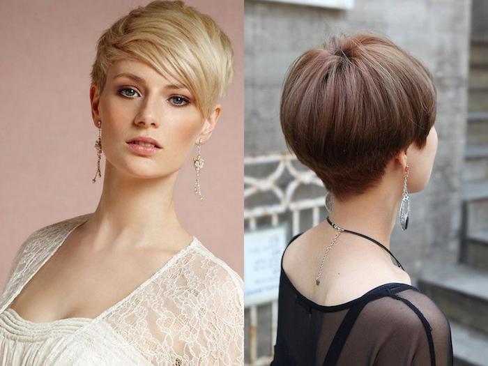 pixie cuts in blonde and brunette, hairstyles for fine thin hair, one seen from the front, with long layered side bangs, and one seen from the back, with a bowl-like shape