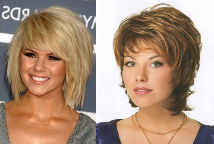 voluminous layered and textured, choppy and shaggy bob, with side bangs, worn by smiling young woman, easy short hairstyles, next image shows retro photo, of woman in layered short brunette do, with honey blonde highlights