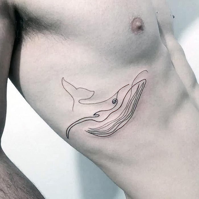 whale line art tattoo, on the side of a slim, but athletic man's torso, minimalistic design in black, small symbolic tattoos near the ribs