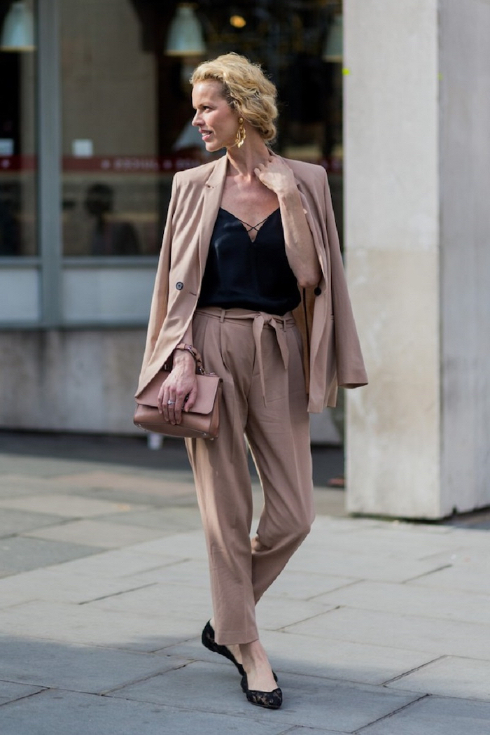 beige wide fit trousers and blazer, business attire for women, black flats, beige bag