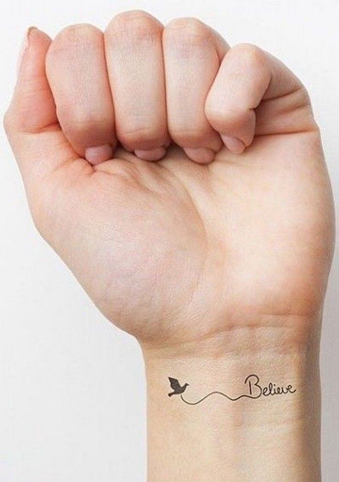 believe inscription, tattoo on the wrist, tattoo designs for women, nude nail polish, white background