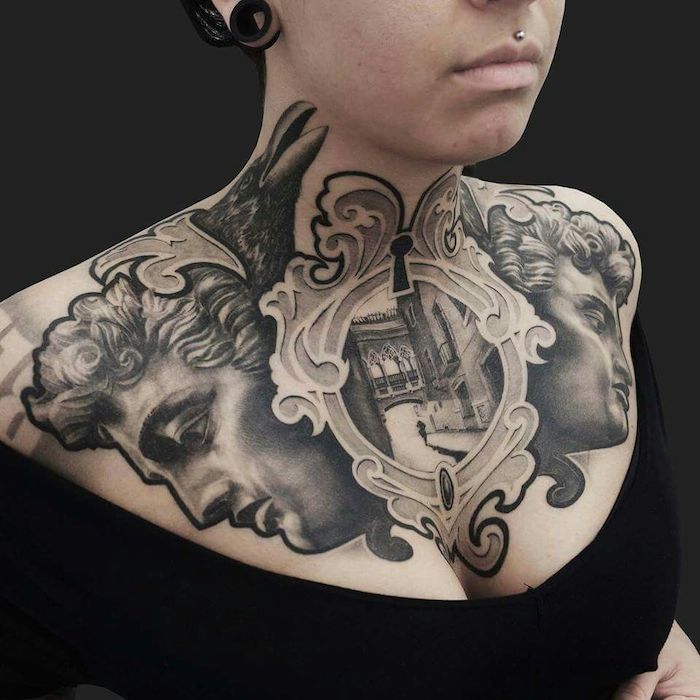 large chest tattoo, mirror with statues and a raven, chest tattoos for females, black top and background