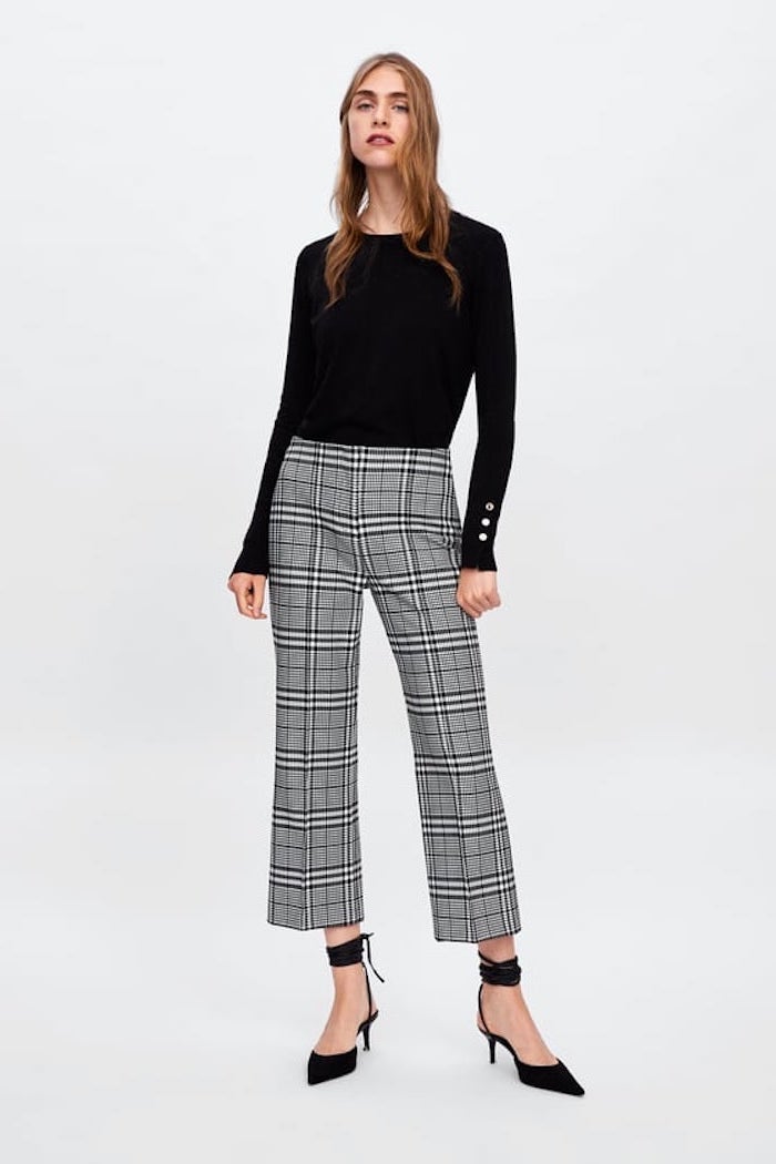 grey and white stripe trousers, black pointed shoes, women's professional clothing, black blouse