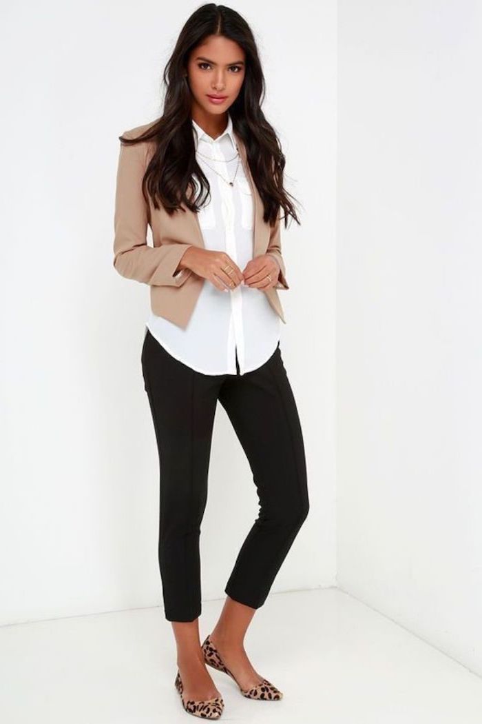 leopard print flat shoes, black trousers, what is business casual for women, white shirt, beige blazer