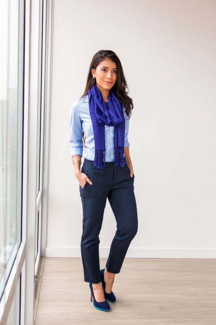 blue scarf, blue shirt, what is business casual for women, navy blue trousers, velvet navy heels