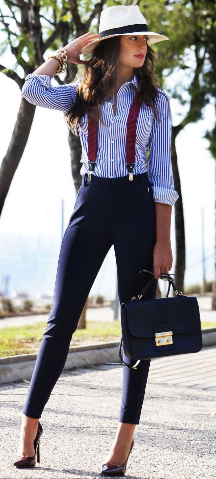 blue white striped shirt, navy trousers, red suspenders and high heels, what is business casual, leather bag