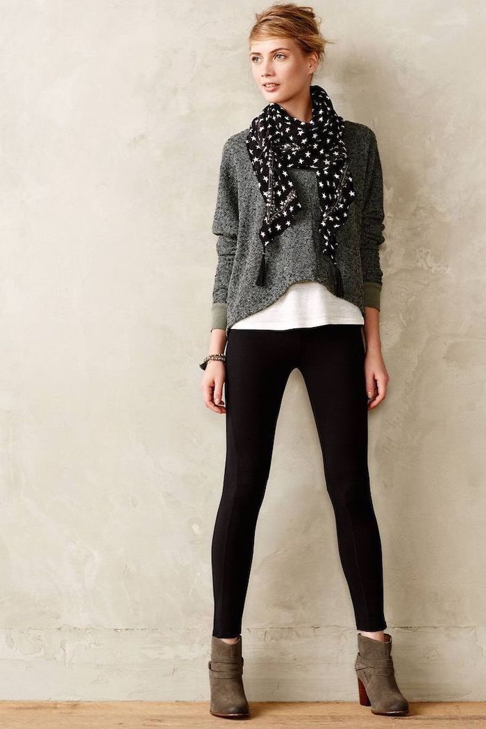 dark grey sweater, star printed scarf, what is business casual for women, black trousers, brown velvet boots