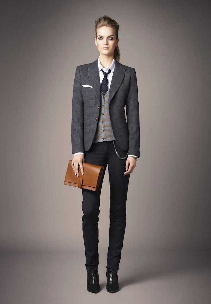 grey blazer and vest, black trousers, what is business casual for women, black tie and boots, white shirt