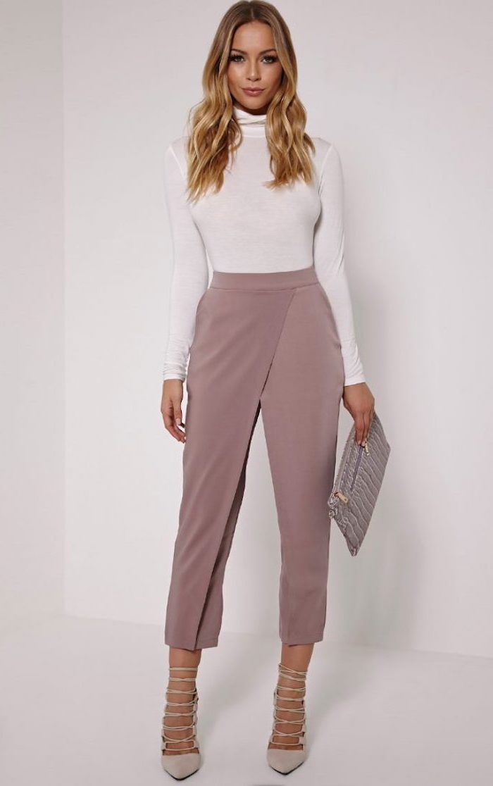 business casual attire, dusty rose bonded trousers, white turtleneck, nude high heels
