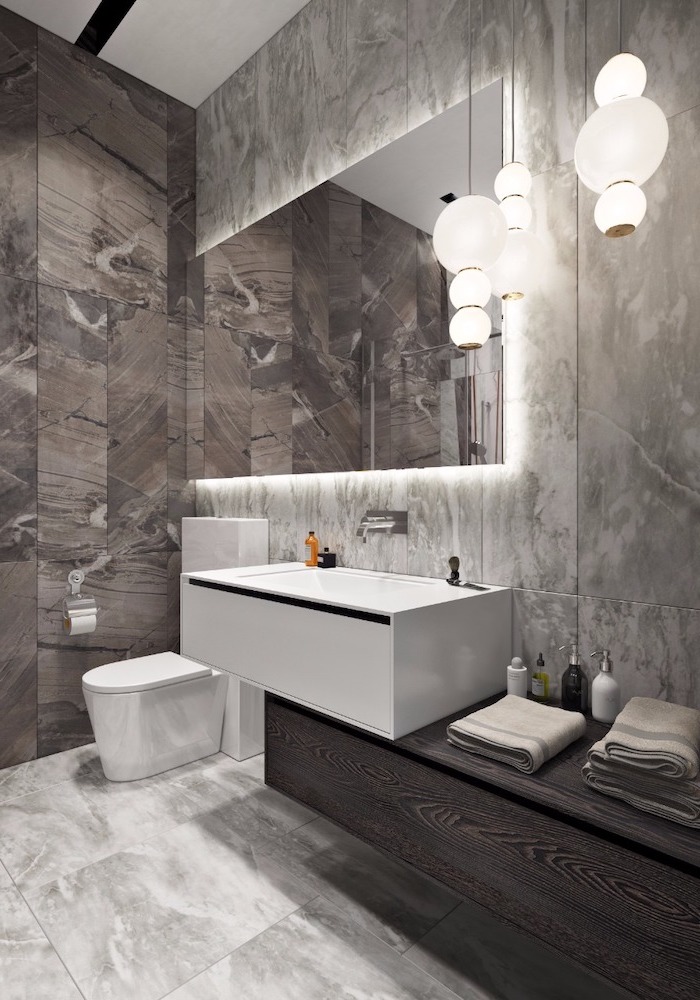 grey marble tiled walls and floor, floating wooden shelf, led lights, bathroom remodel ideas