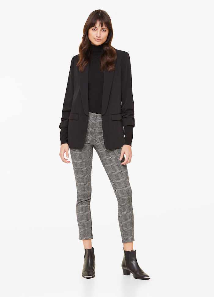 black pointed boots, business casual dress code, black turtleneck and blazer, light grey trousers