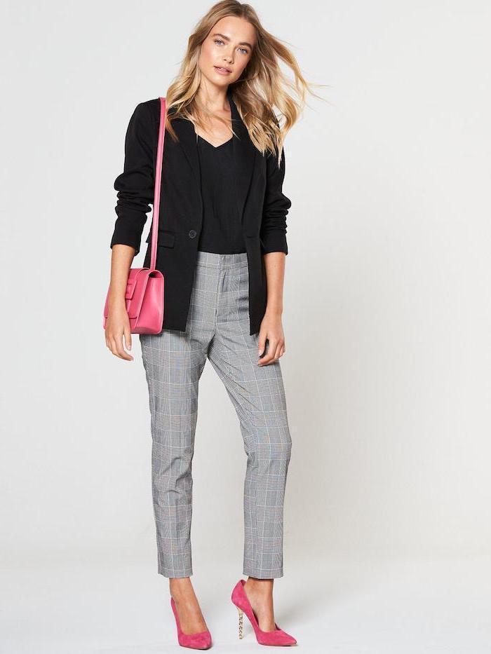 hot pink bag and velvet heels, black top and blazer, business casual dress code, light grey trousers