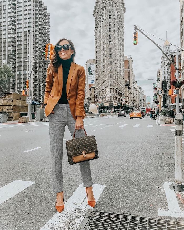 brown blazer and heels, grey trousers, what is business casual, black turtleneck, brown leather bag