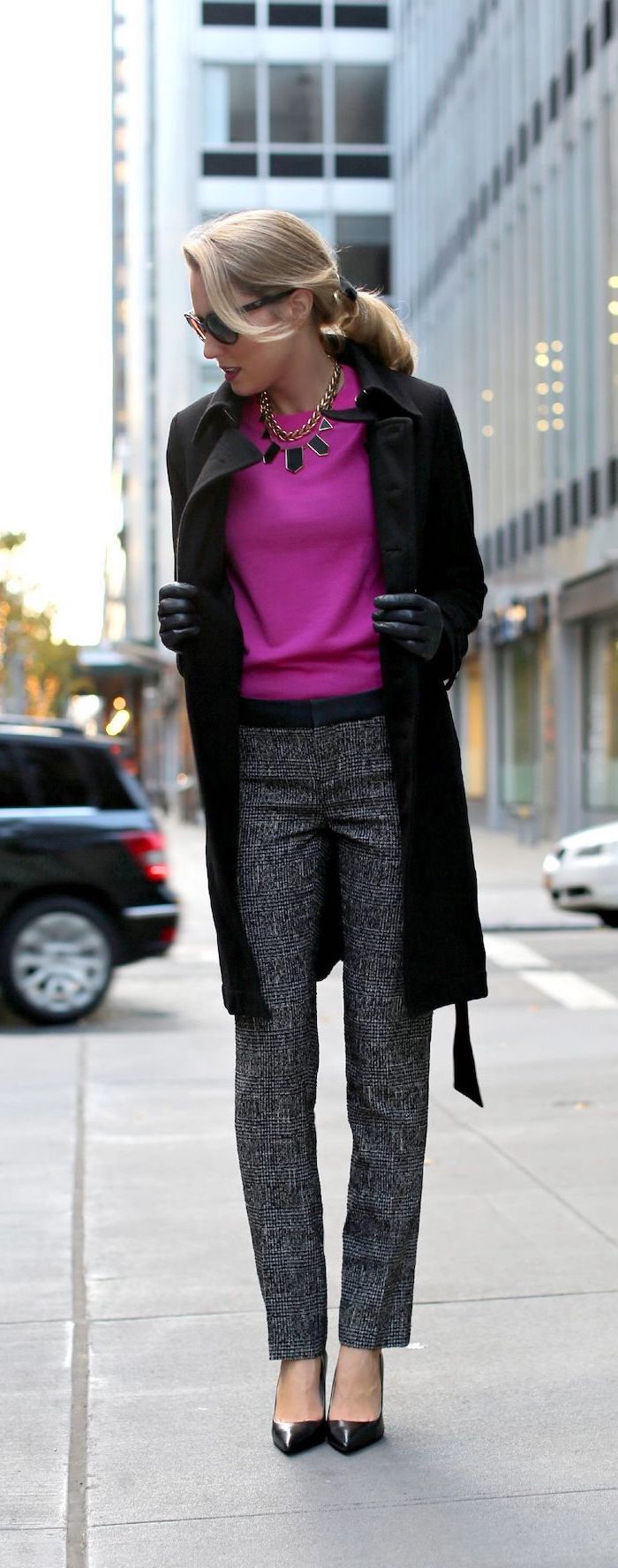 hot pink blouse, what is business casual, dark grey trousers, long black coat and shoes, leather gloves