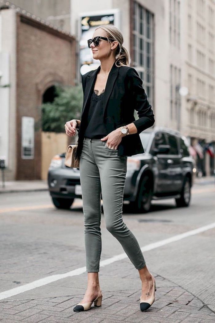 black top and blazer, olive green trousers, business professional attire, nude and black shoes