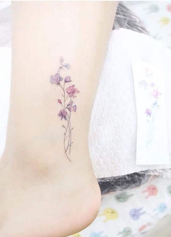 pink and purple flowers, tattoo on the ankle, white background, tattoos for girls on wrist