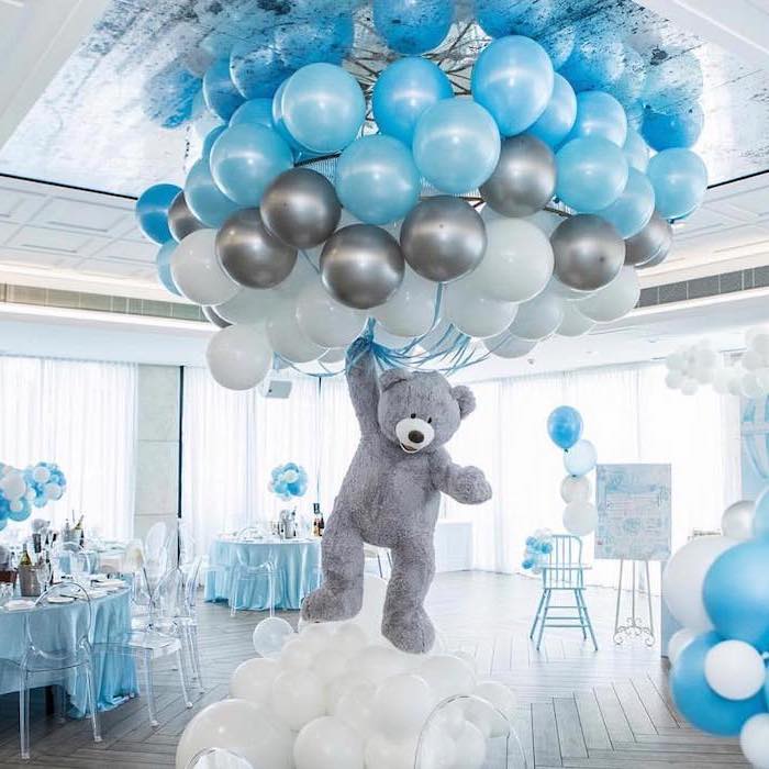blue white and grey balloons, unique boy baby shower themes, large grey plush teddy bear