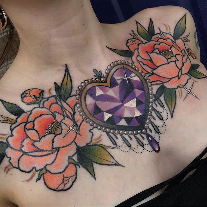 black top, two large roses, large purple heart shaped crystal, tattoos for girls with meaning