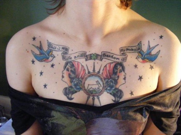 two women, white rabbit, two birds carrying a banner, unique tattoos for women, lots of stars