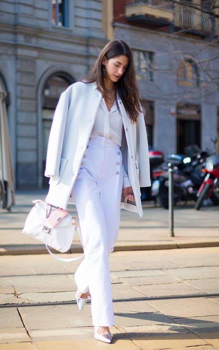 white high waist trousers, white long coat and shirt, silver high heels, business casual for women