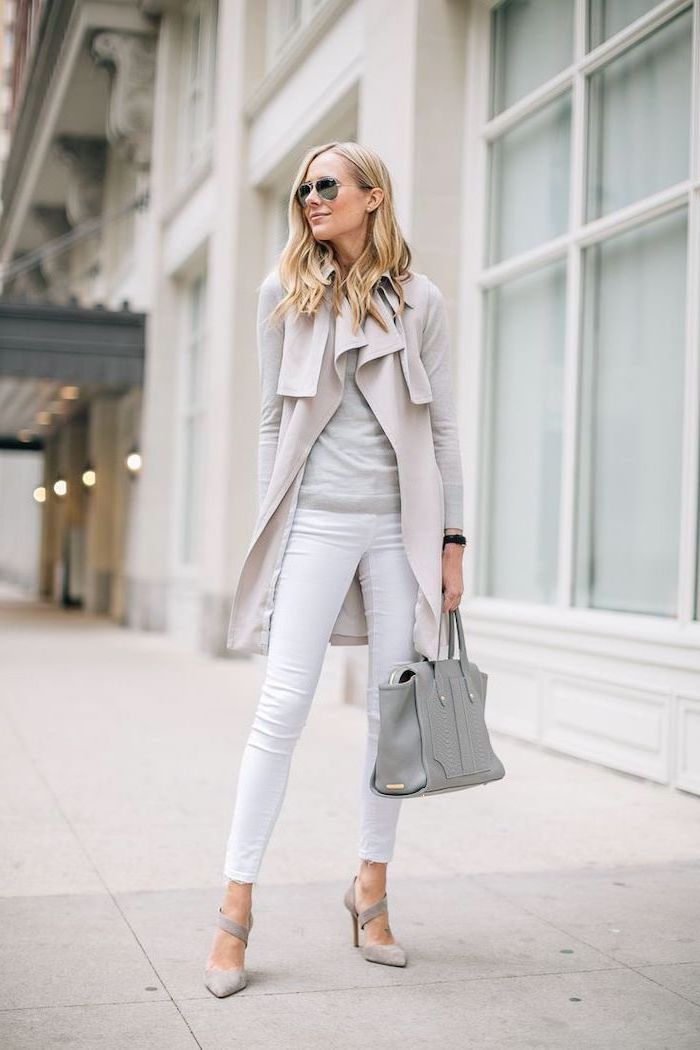 white trousers, business casual for women, grey blouse, long grey vest, grey heels and bag