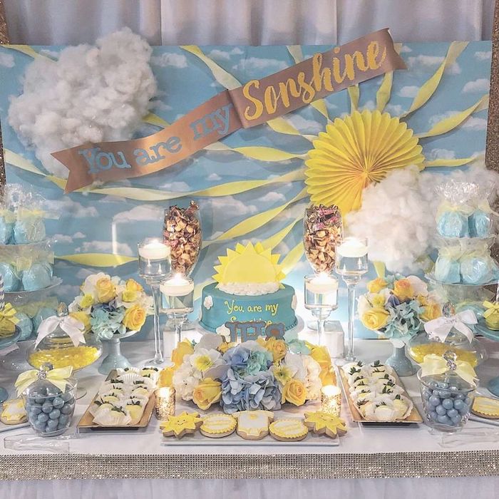 you are my sunshine banner, baby boy baby shower themes, cake and sweets on the table