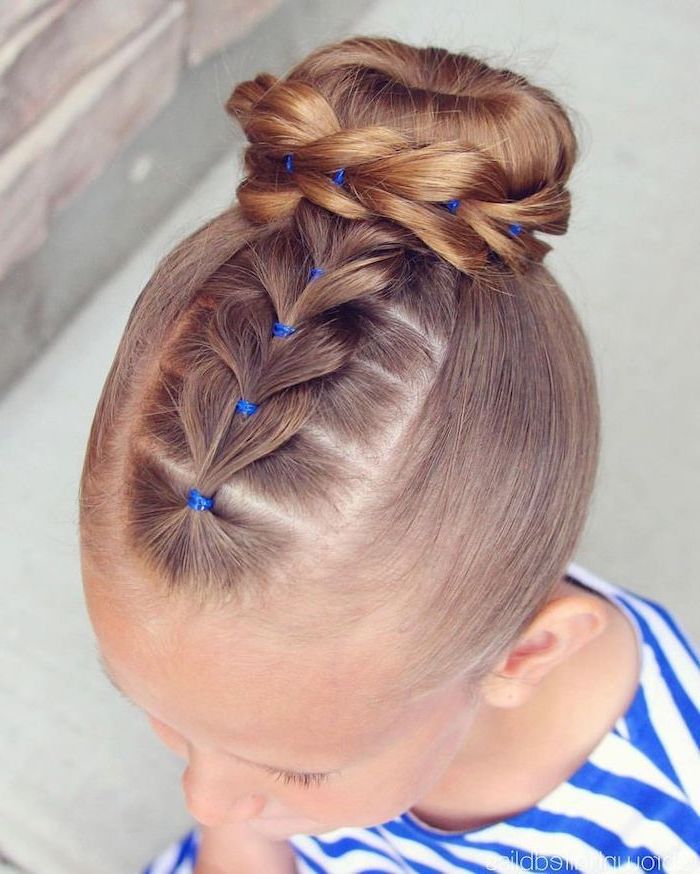 blonde hair, braided bun, blue and white top, cute braided hairstyles, blurred background