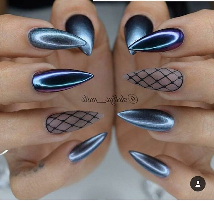 metallic nail polish, lace like black drawings on two nails, nail art designs, set of hands, photographed next to each other