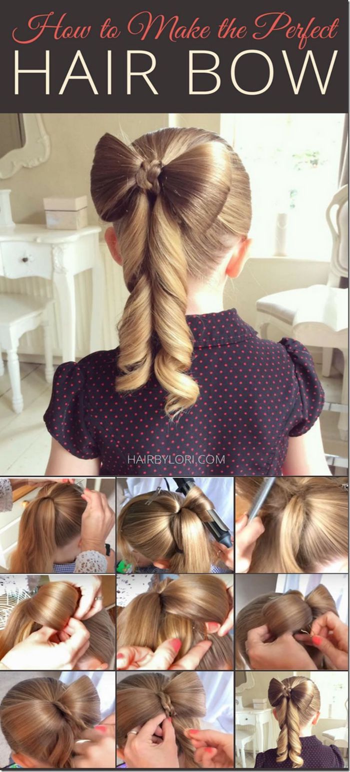 long dark blonde hair, in a hair bow with curls, braided hairstyles for little girls, step by step tutorial