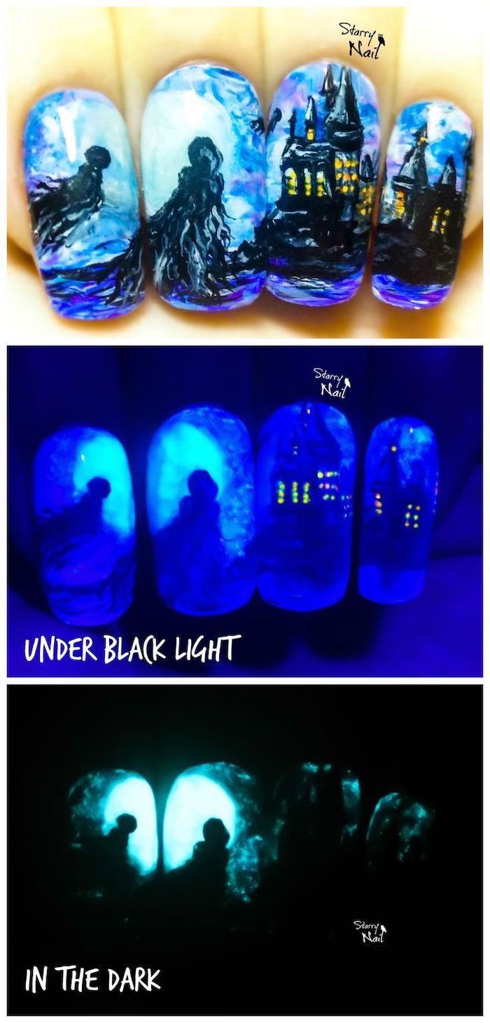 harry potter inspired drawings, of a dementor and hogwarts, glow in the dark nail polish, nail color ideas