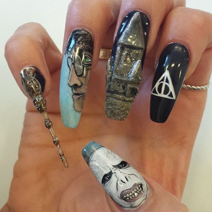 nail color ideas, 3d manicure, harry potter inspired, drawings of harry and voldemort, nail in the shape of the elder wand